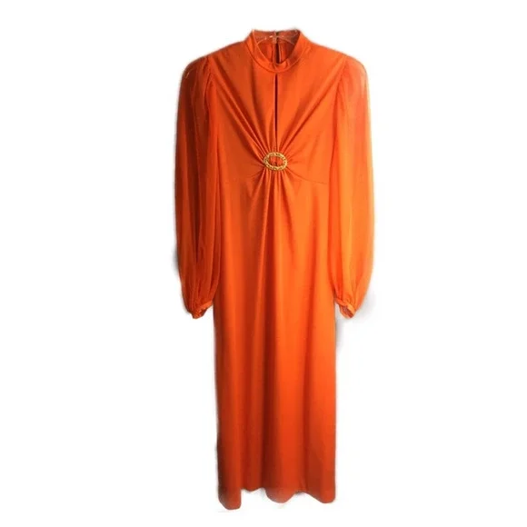 Vintage | Dresses | Vintage Orange 7s Cocktail Dress With Rhinestone Brooch  | Poshmark
